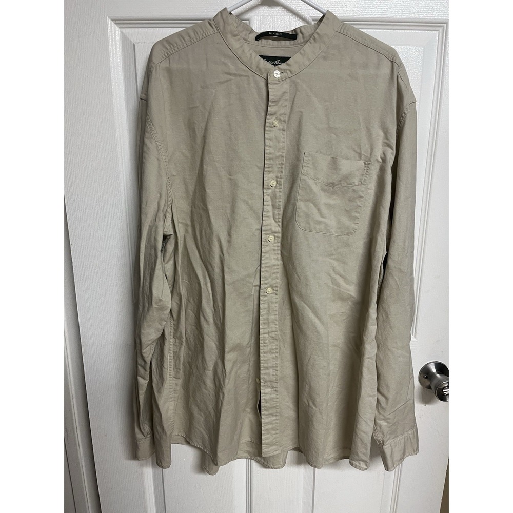Eddie‎ Bauer Beige Cotton Relaxed Fit Band Collar Button-Up Shirt XXL